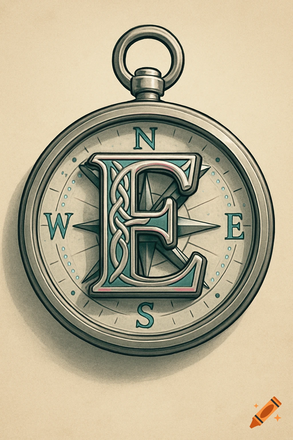 Steampunk compass with North, South, East, West letters and a large Celtic-style capital E in the center.