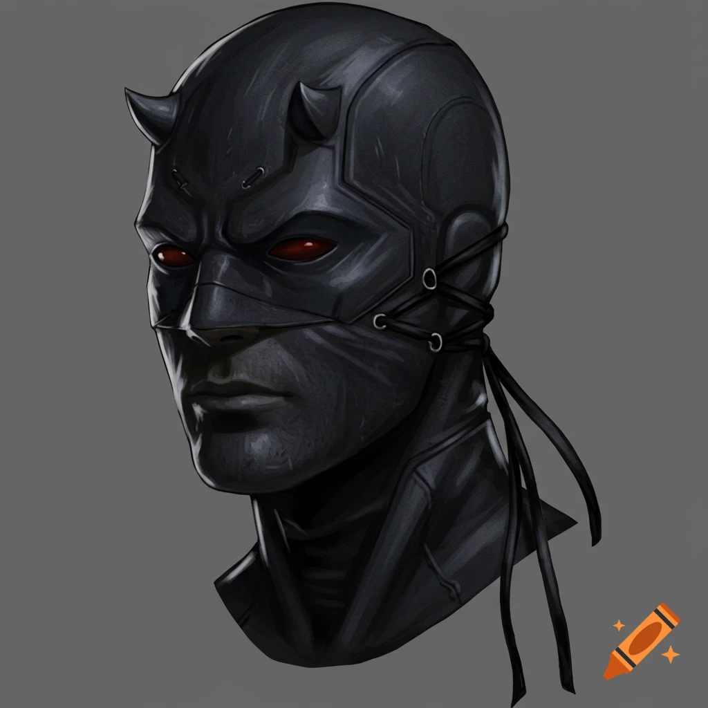 A close-up portrait of a person wearing a dark horned mask with red eyes and ties.