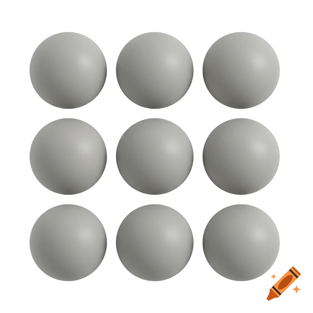 Nine grey spheres arranged in a grid pattern on a white background.