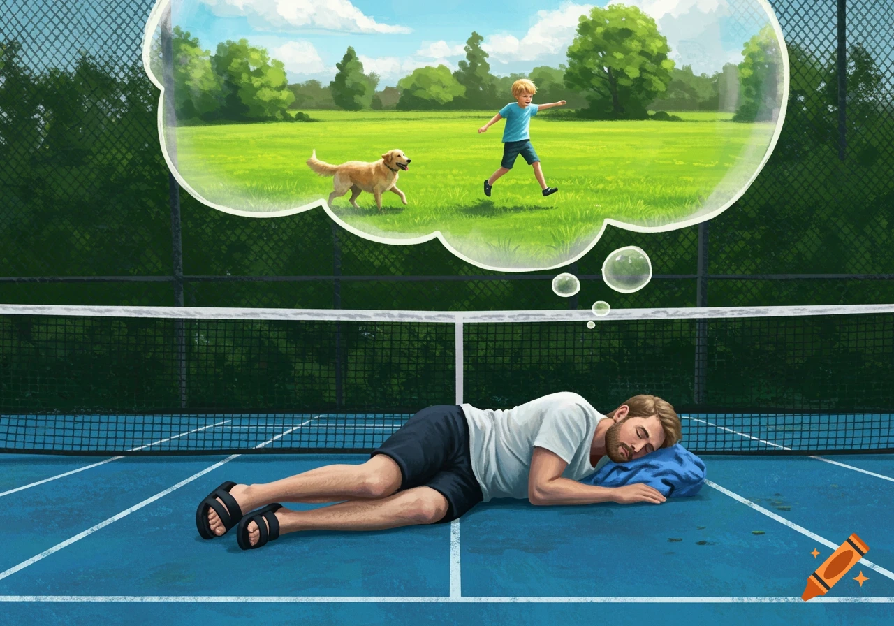 A man sleeps on a blue tennis court, dreaming of a boy and dog running in a sunny field in an illustrated style.