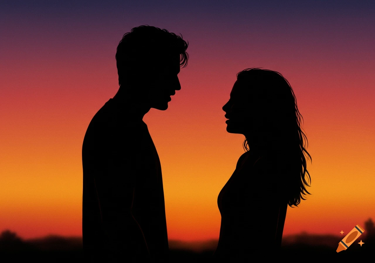 Silhouette of a couple facing each other against a sunset sky. on Craiyon