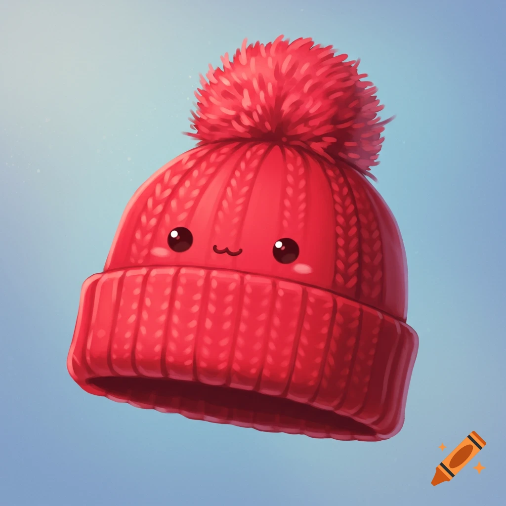 A cute red knitted hat with a smiling face against a blue background