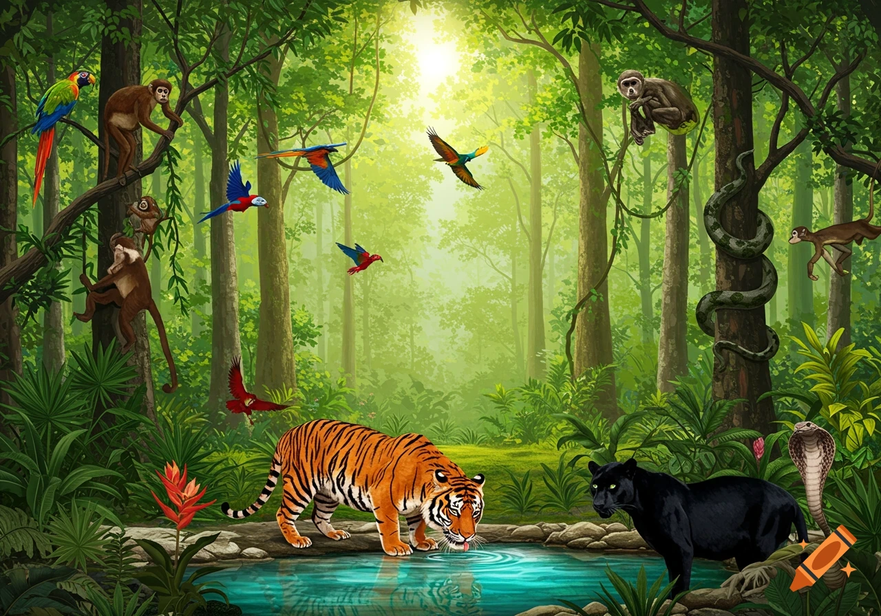 A vibrant jungle scene with a tiger drinking from a watering hole ...