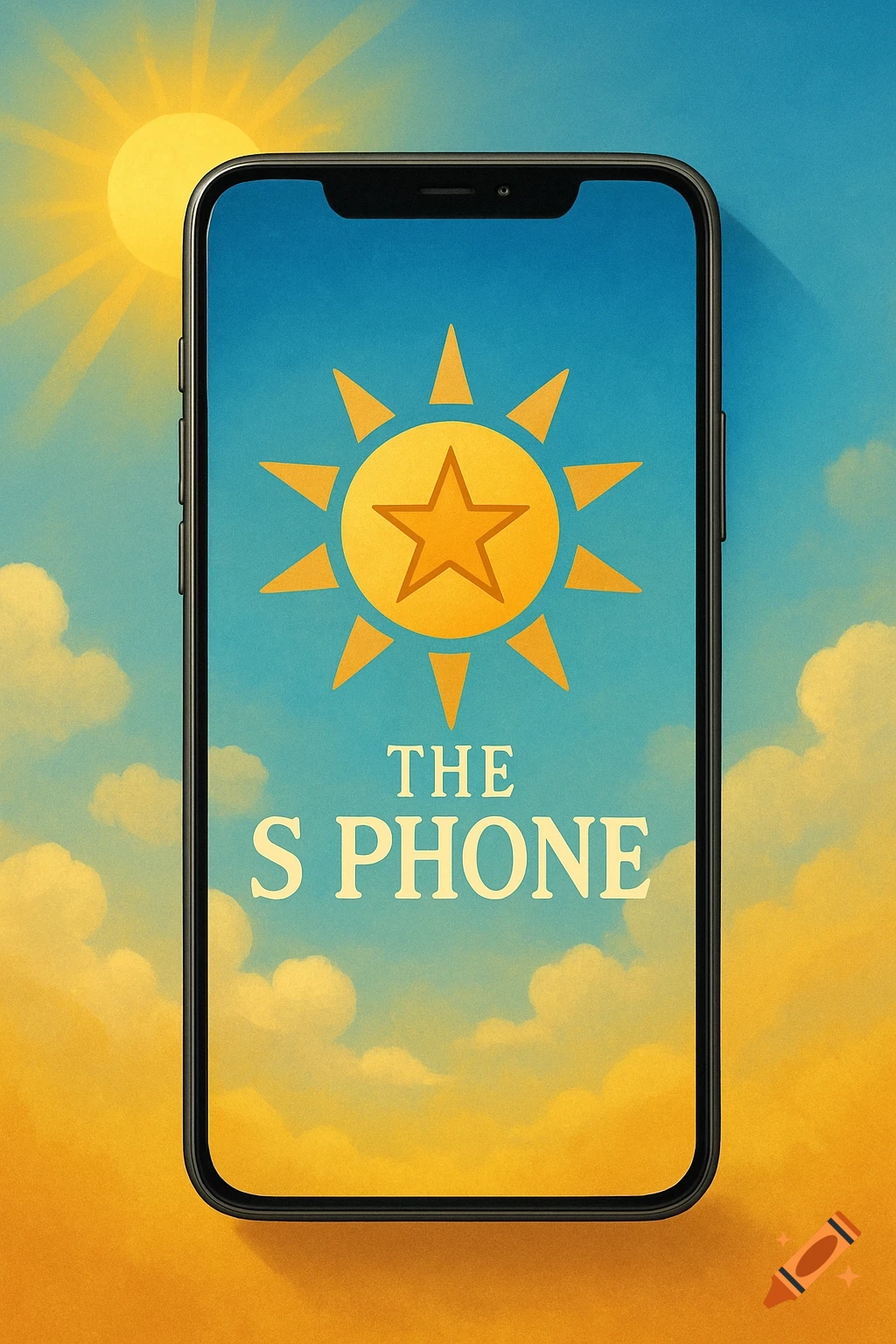 Illustration of a phone screen displaying a sun logo with a star and the text "THE S PHONE" against a sunny sky.