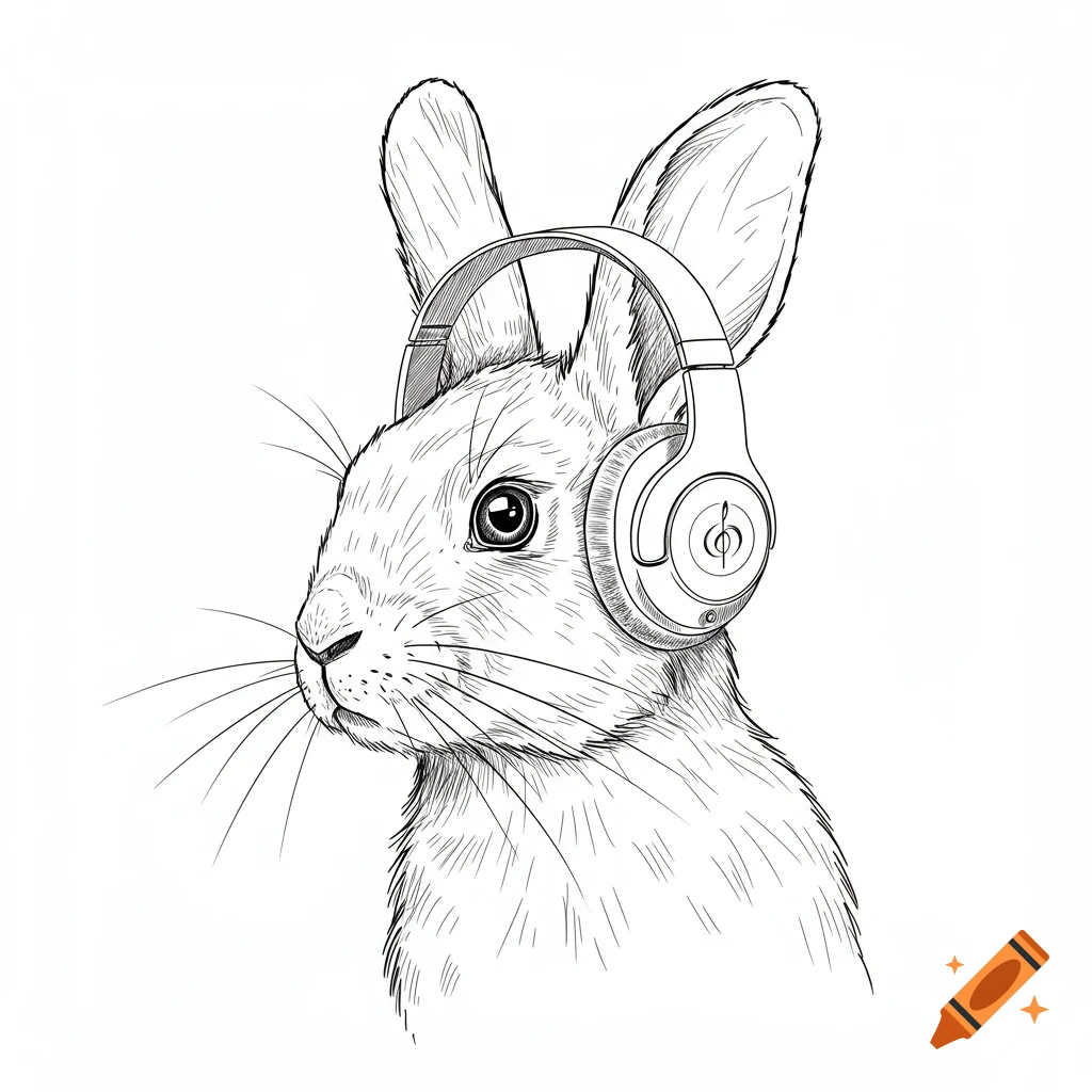 A line drawing of a rabbit wearing headphones.