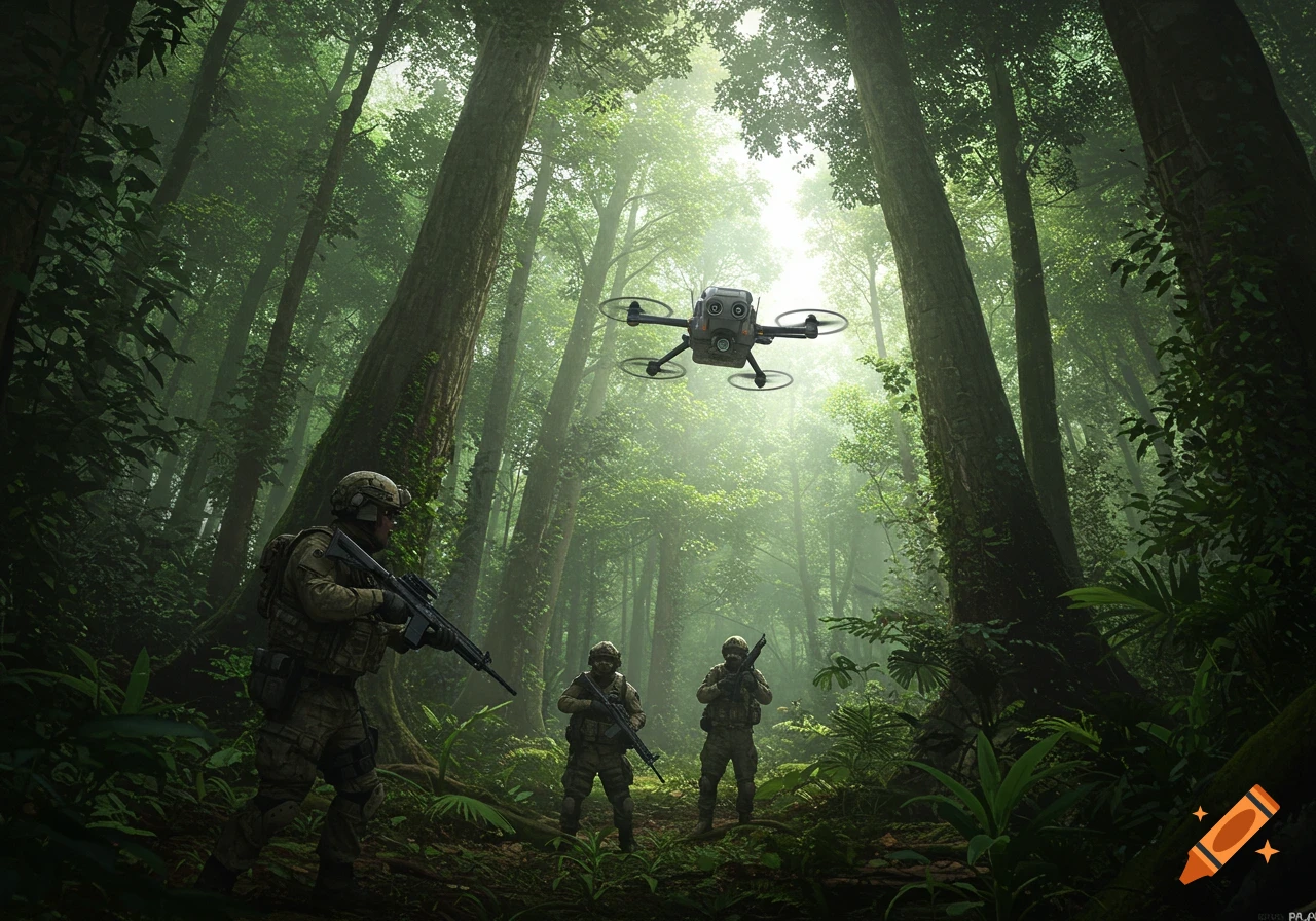 Photorealistic image of soldiers and a drone in a dense jungle.