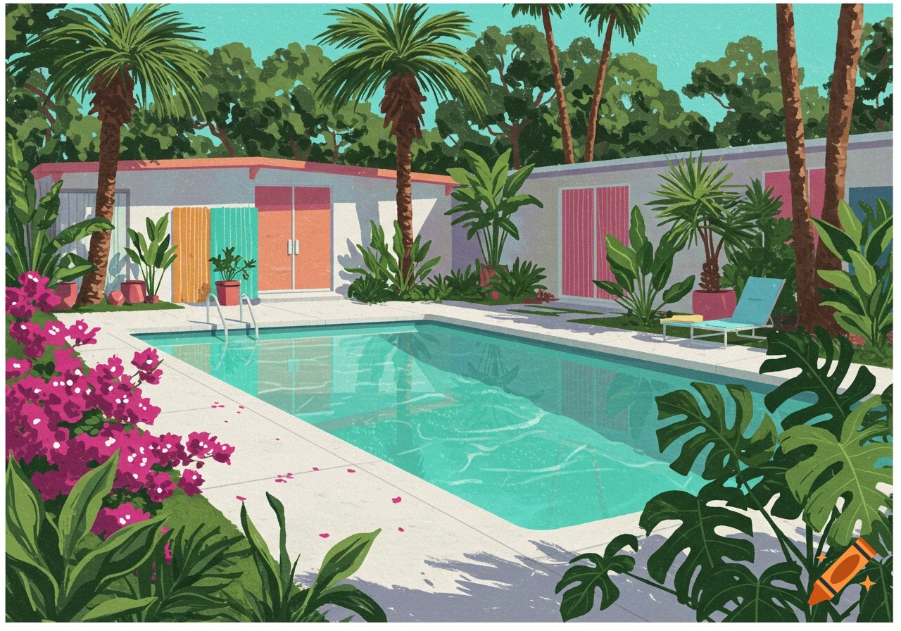 Mid-century modern house with a pool, palm trees, and lush plants. Illustrated style.
