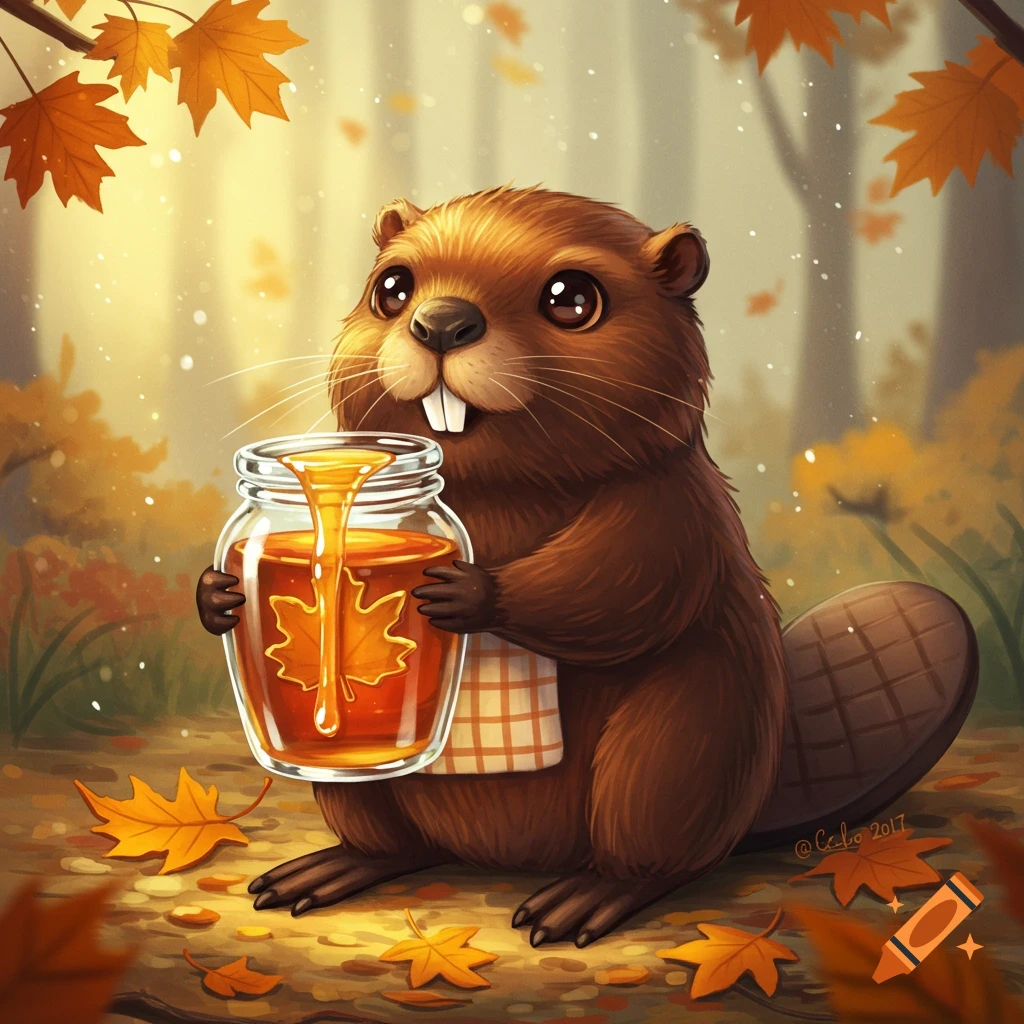 A cute cartoon beaver holds a jar of maple syrup in an autumn forest.