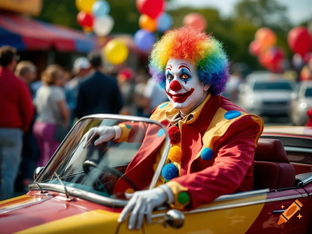 A clown in a colorful costume and rainbow wig sits in a convertible car at an outdoor event with balloons in the background.