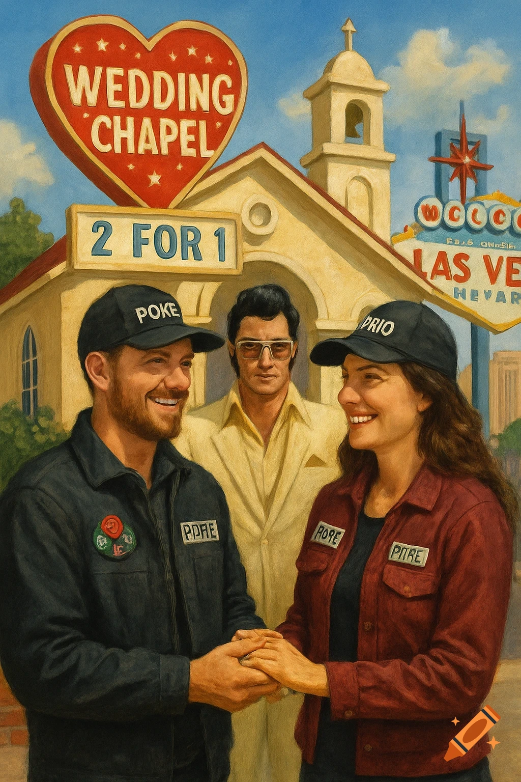 A couple holds hands in front of a Las Vegas wedding chapel sign that says "Wedding Chapel" and "2 for 1". An Elvis impersonator stands behind them. Painterly style.
