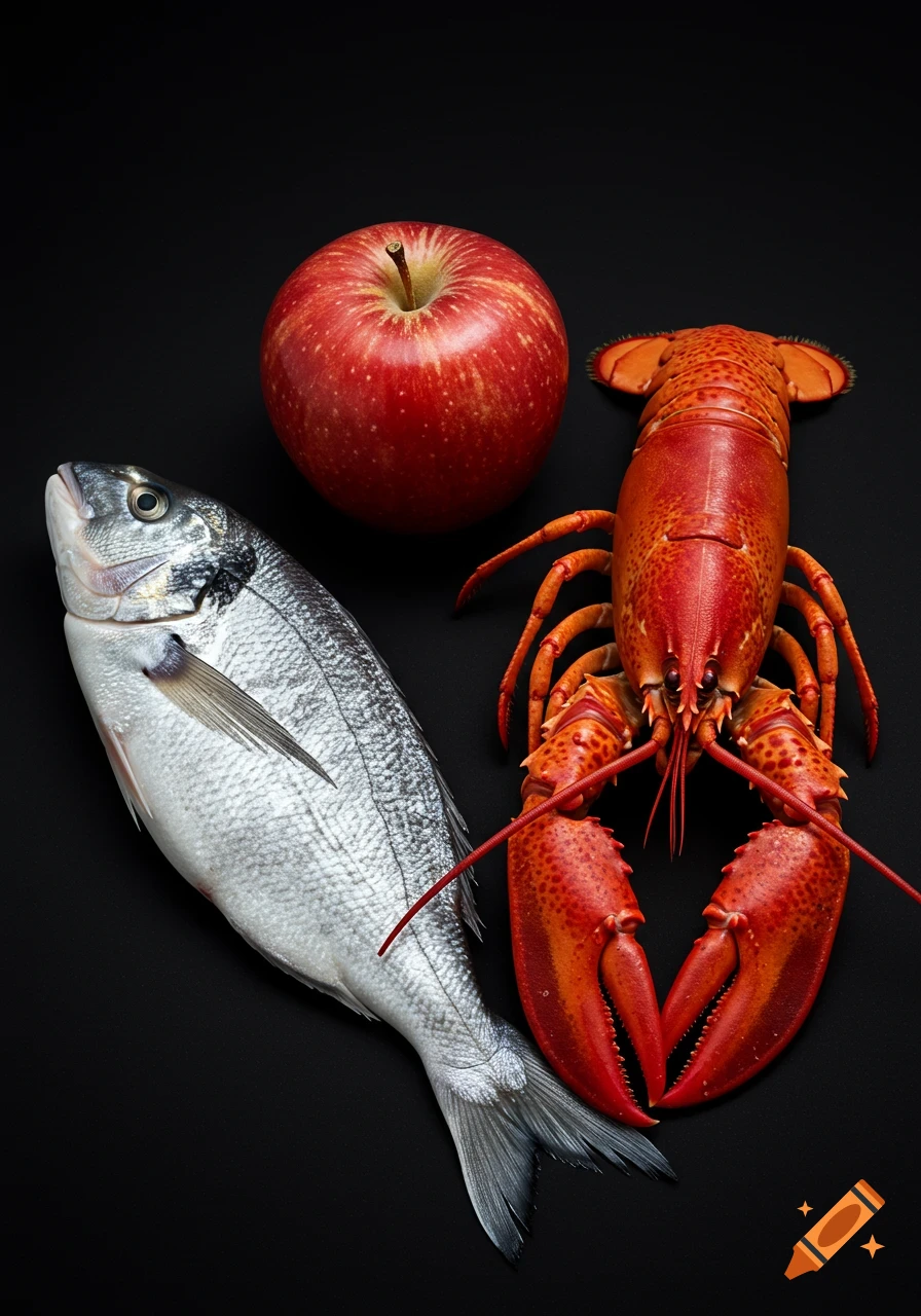 Still life photo of a red apple, a fish, and a lobster on a black background.
