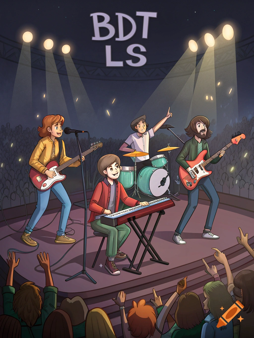 Illustration of a cartoon band playing a concert on stage with lights and a crowd.