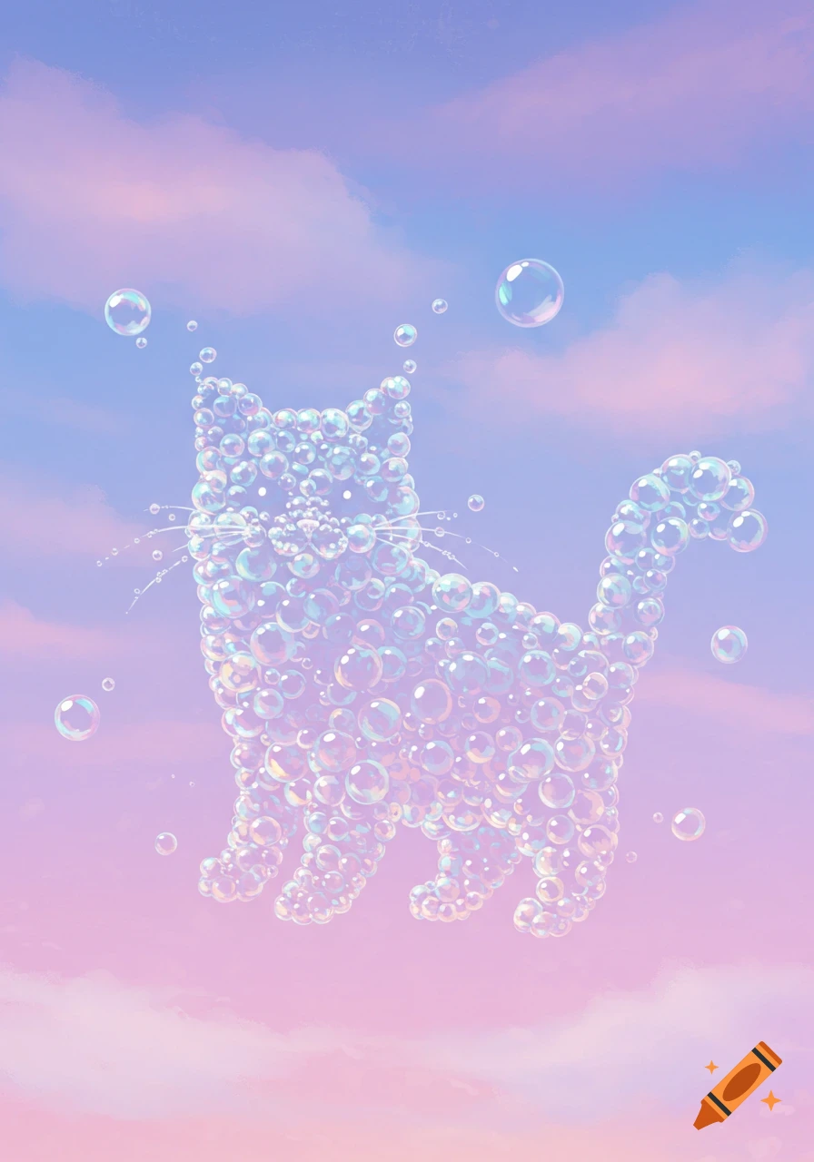 A cat figure made of iridescent bubbles floats in a pastel pink and purple sky.