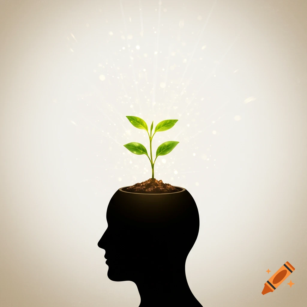 Minimalist symbolic image of a plant growing from a human silhouette's head with light rays.