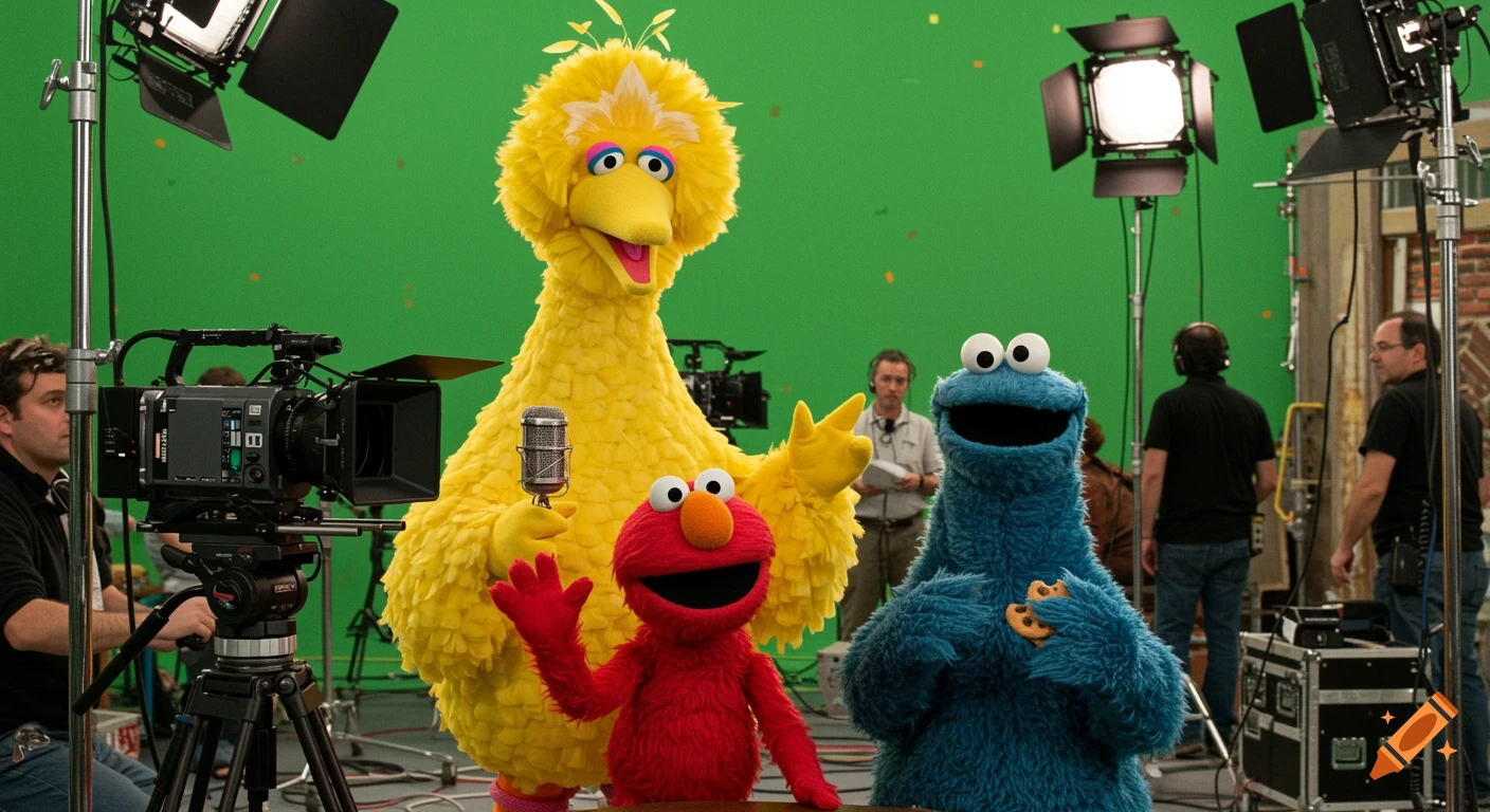 Big Bird, Elmo, and Cookie Monster stand on a green screen set with film crew, cameras, and lighting equipment.