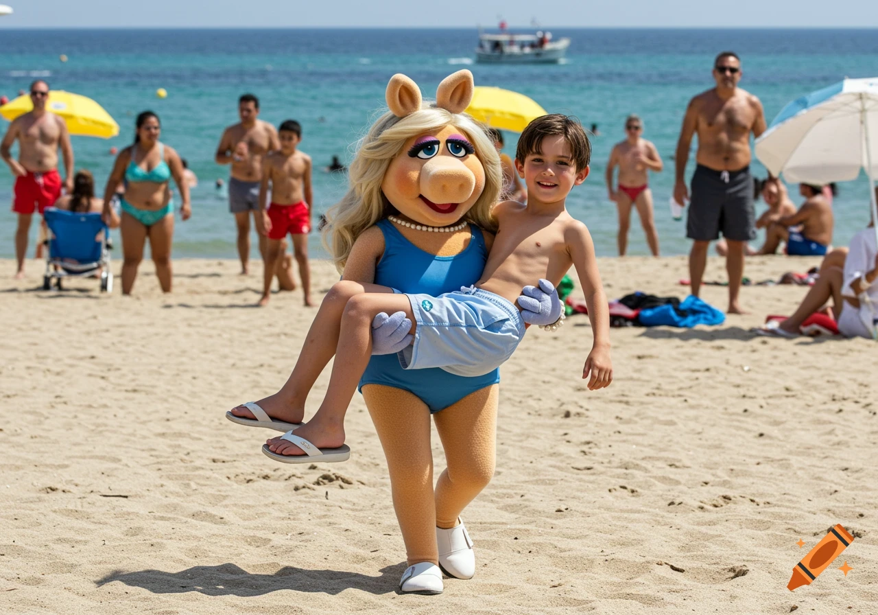 Miss Piggy in a blue swimsuit carries a boy in light blue swim trunks on a sunny beach.