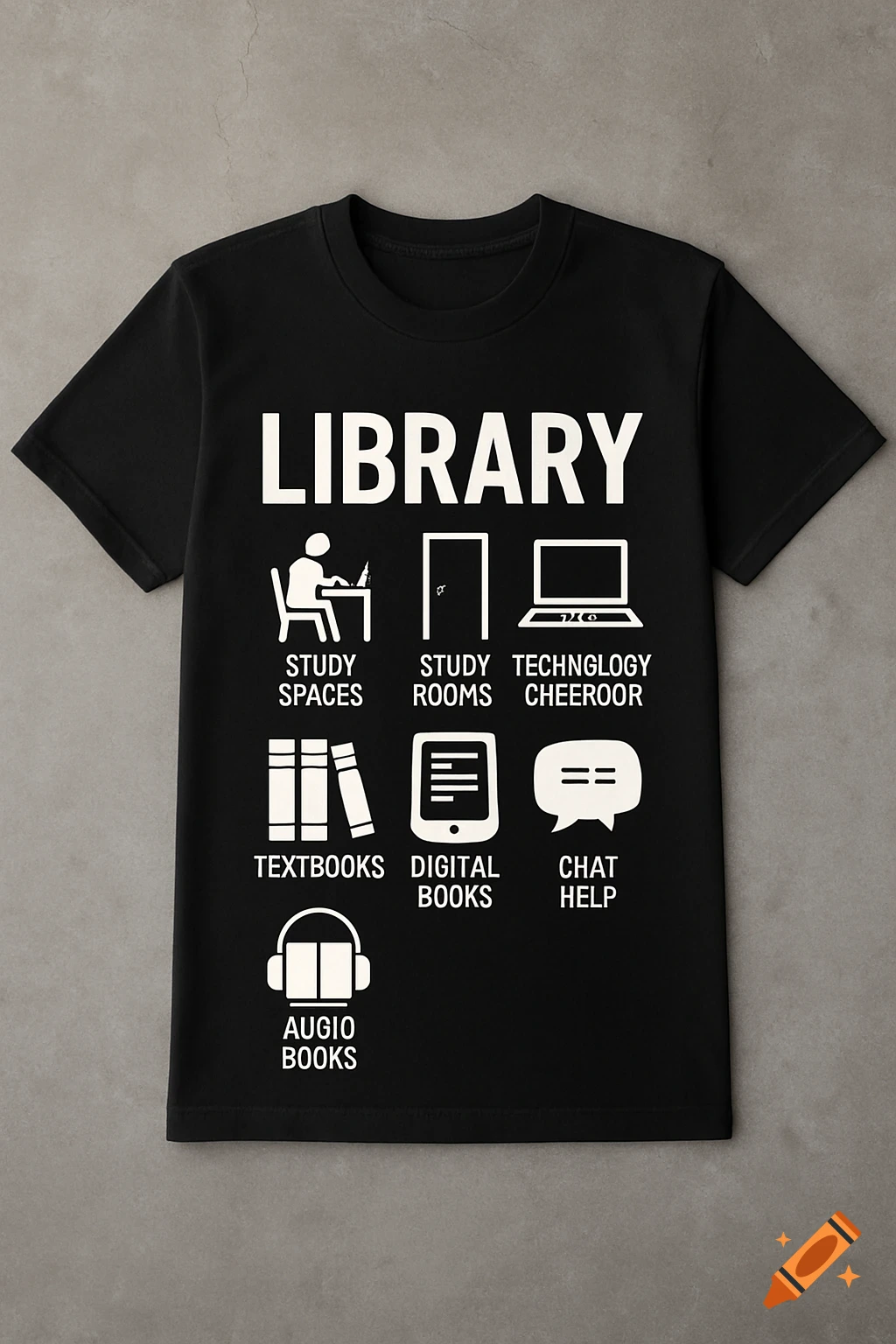 Black t-shirt with white icons and text listing library services like study spaces, books, and technology.