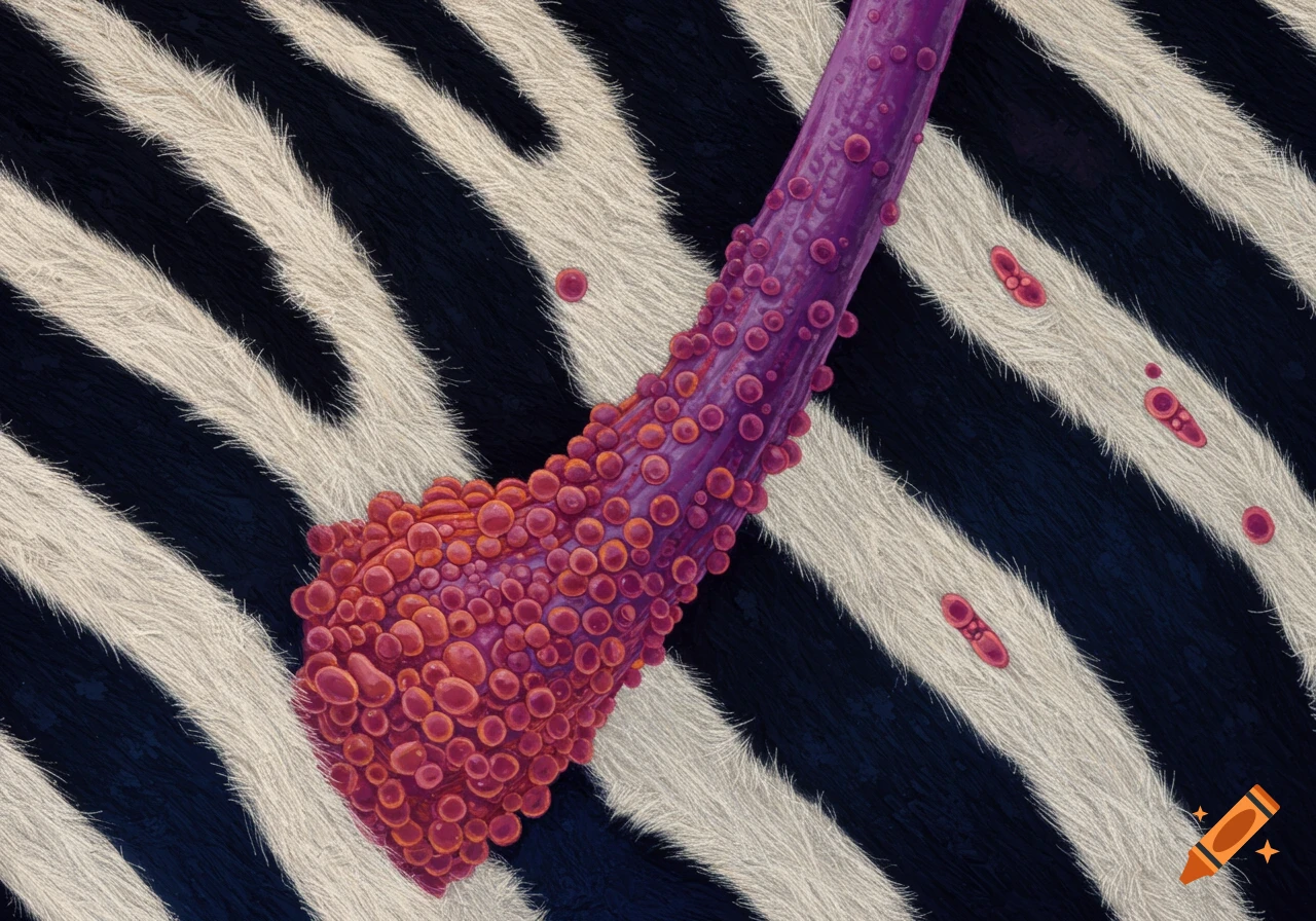 A microscopic view of a purple structure covered in red spheres, set against a background of black and white zebra stripes. Bacteria-like shapes float nearby.