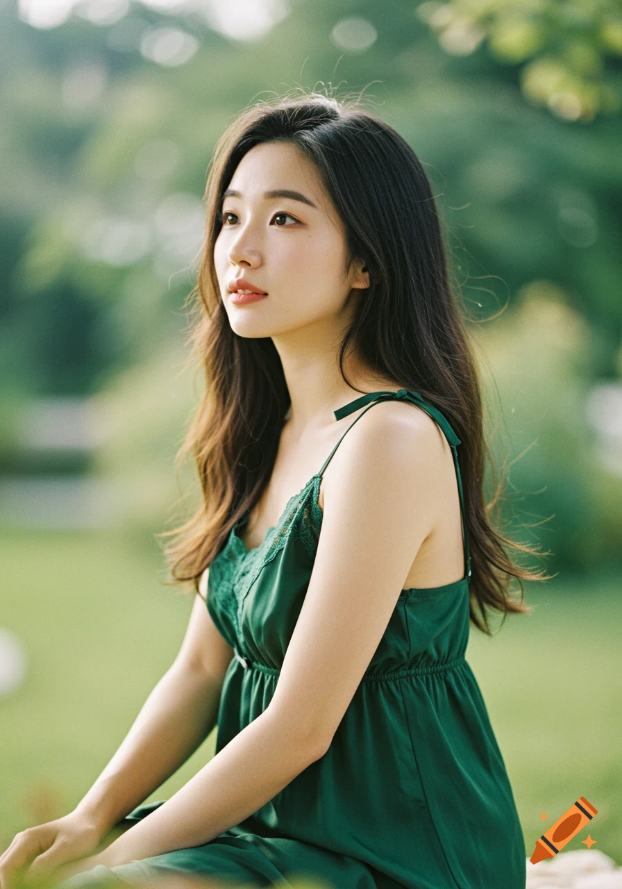 Young Asian woman in green dress sitting in a garden