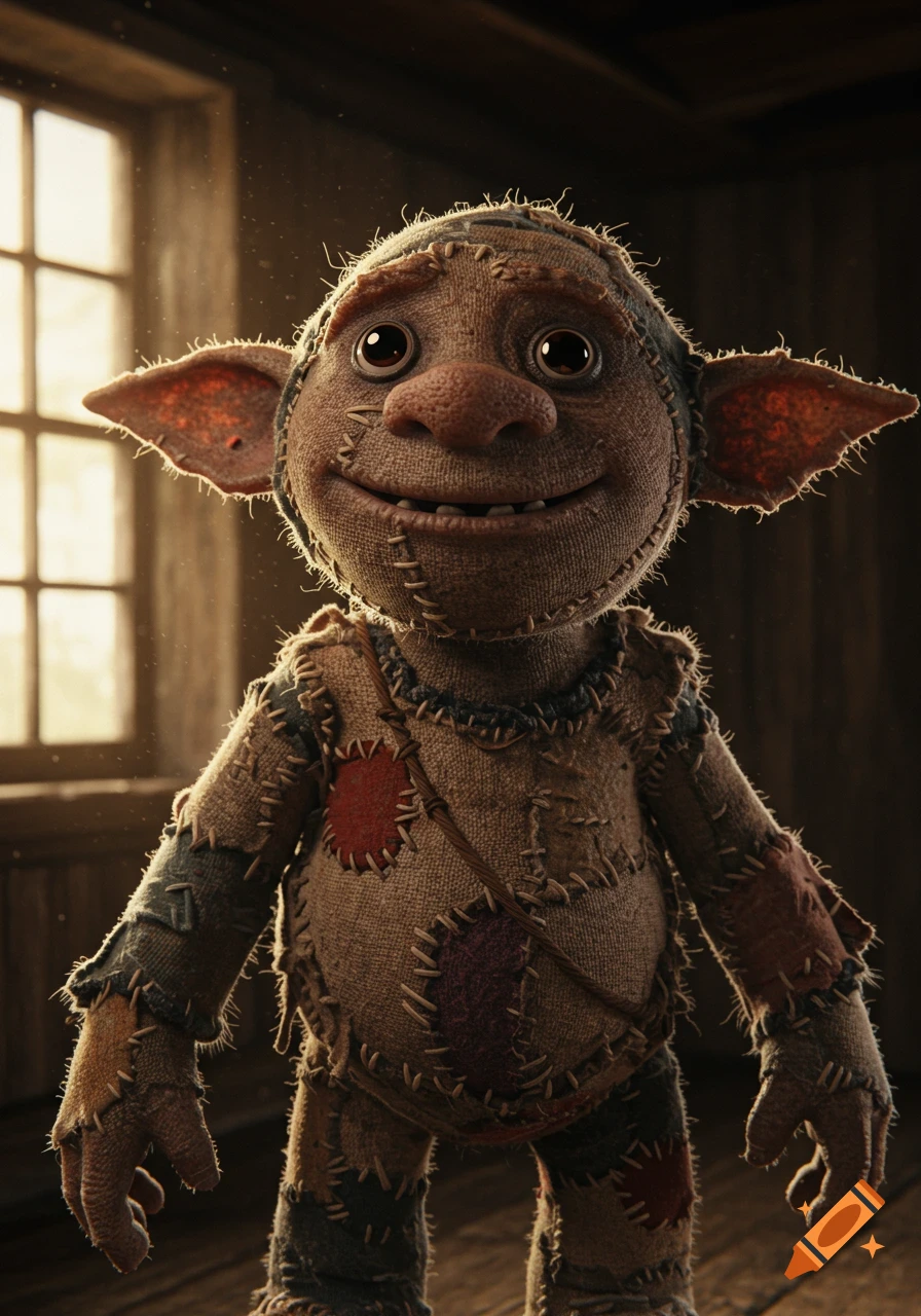 Handmade fantasy character doll made of fabric patches