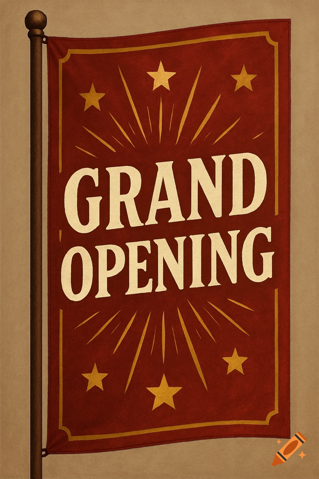 A red vertical banner flag hanging from a pole, reading GRAND OPENING, with stars and sunburst lines.