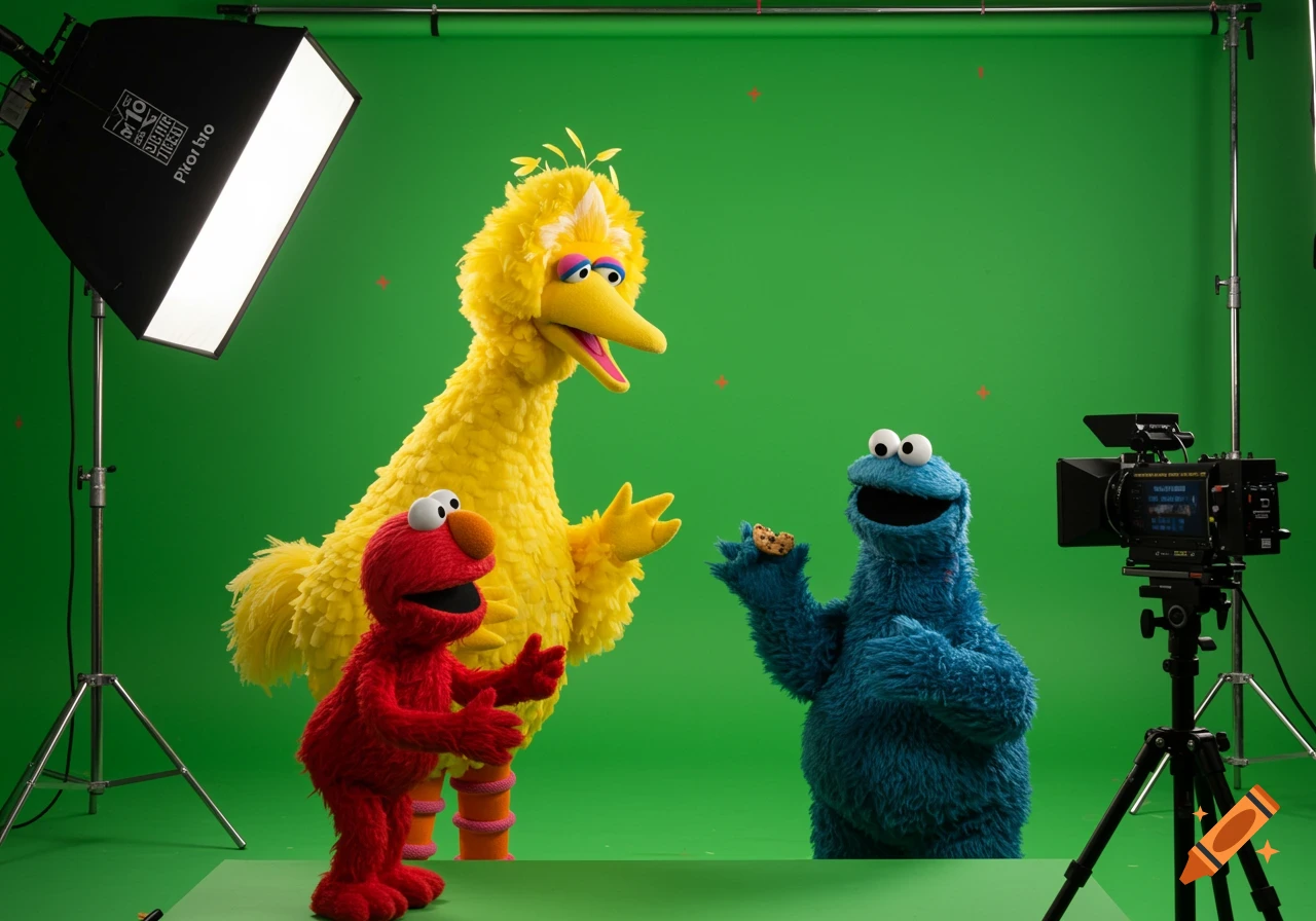 Big Bird, Elmo, and Cookie Monster stand on a green screen studio set with lighting and camera equipment.