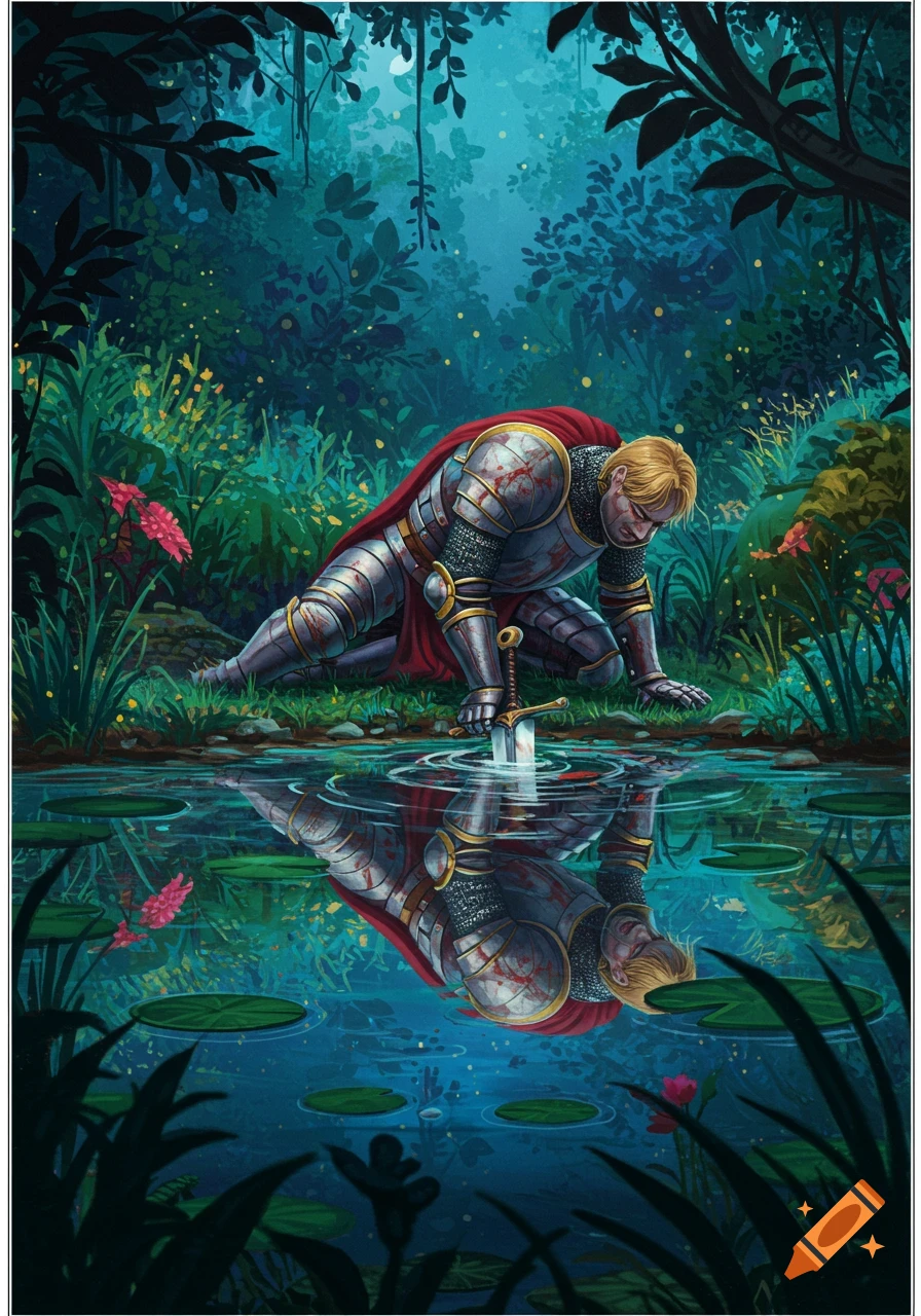 A knight in bloodied armor kneels by a pond, sword in water, gazing at his reflection.