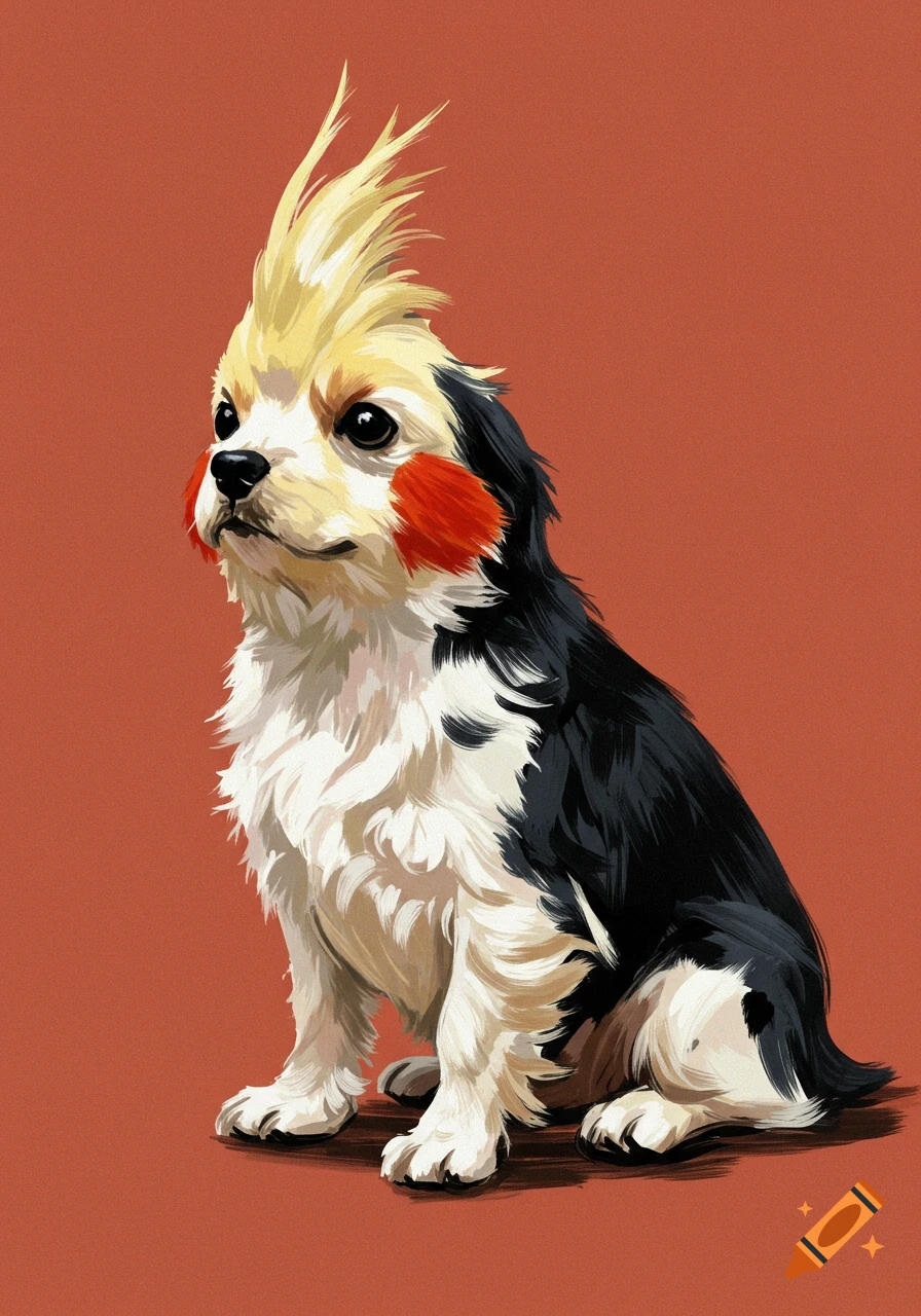 Painting of a dog-like creature with a yellow crest and red cheeks, rendered with large brush strokes on a reddish background.