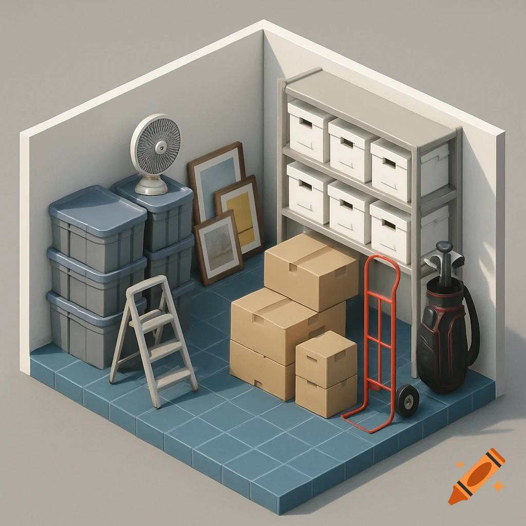 Isometric digital illustration of a self-storage unit filled with boxes, bins, shelves, fan, ladder, framed art, hand truck, and golf bag.