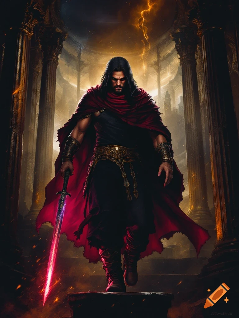 A dark warrior in a red cloak stands in ancient ruins holding a glowing sword.