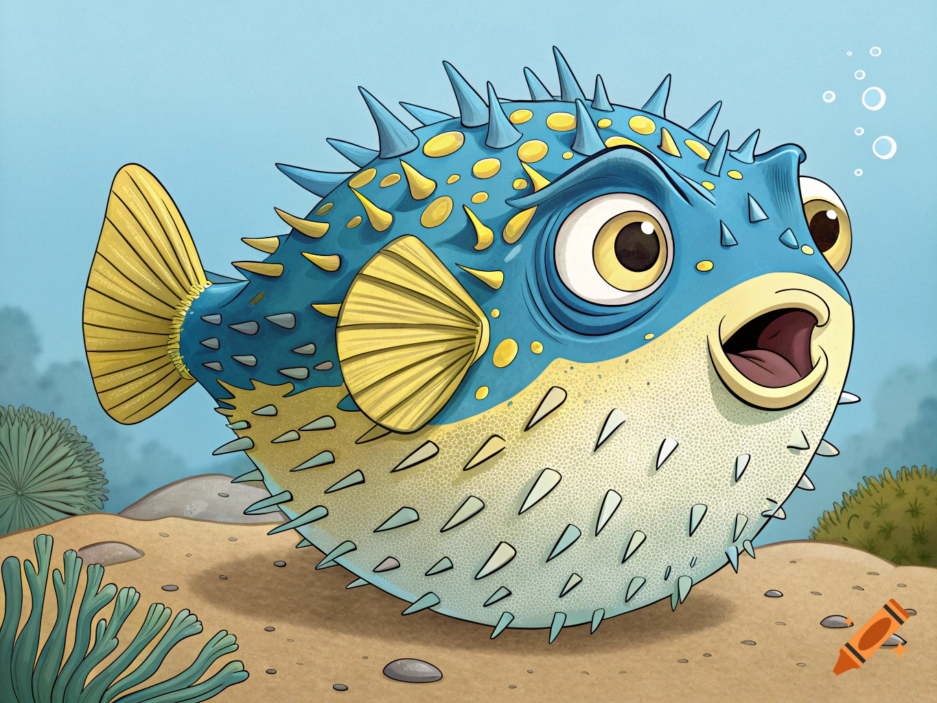 A cartoon pufferfish underwater with a surprised expression.