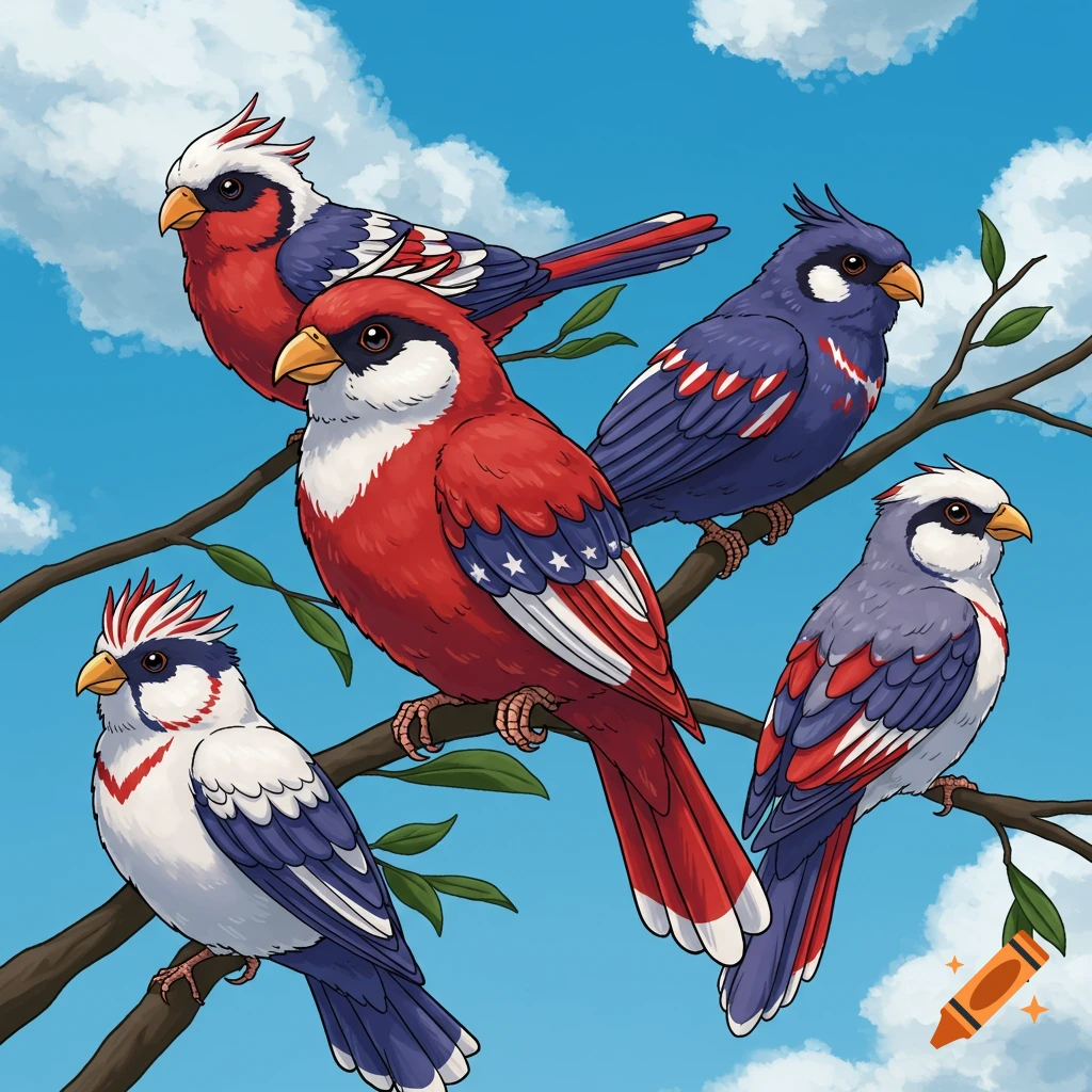 Stylized illustration of several birds on a branch, decorated with American flag patterns.