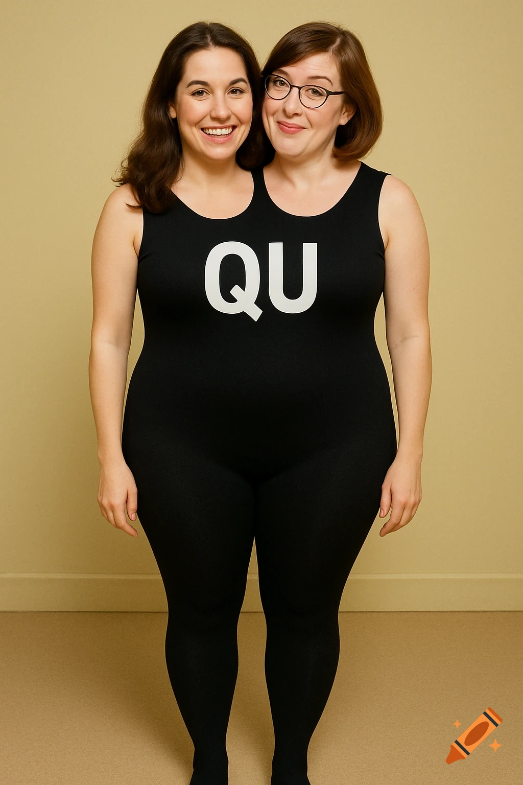 Two women wear a black conjoined leotard with 'QU' on the chest, standing in a studio.