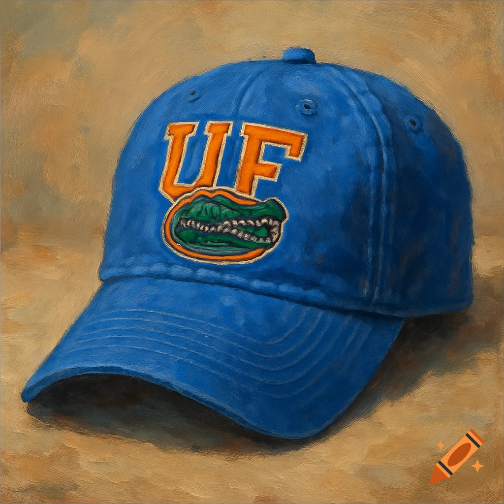 Oil painting of a blue University of Florida baseball cap with UF logo and gator face.