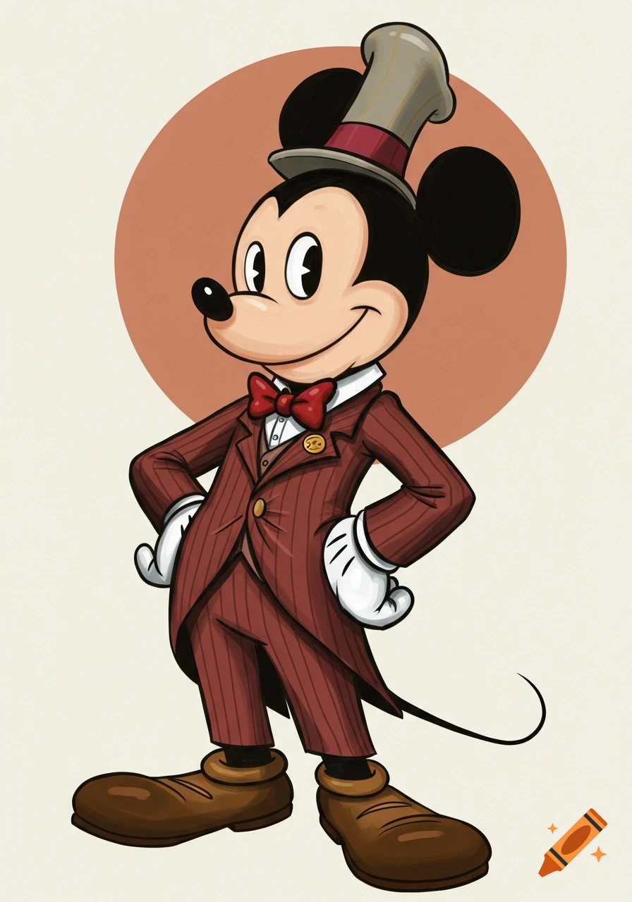 A cartoon of Steamboat Willie in a red pinstripe suit and grey top hat.
