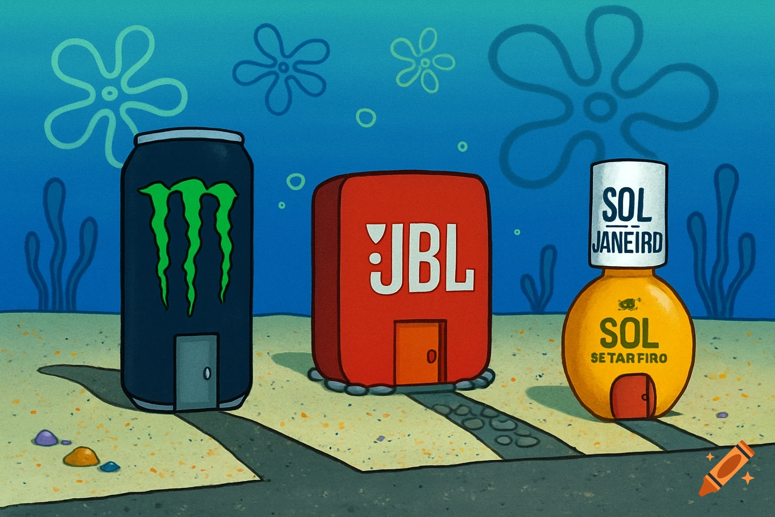 SpongeBob style underwater scene with buildings shaped like a Monster can, JBL speaker, and Sol de Janeiro bottle.