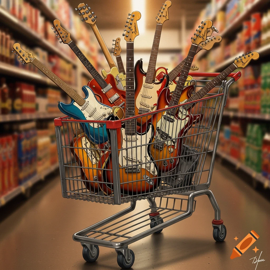 A shopping cart overflowing with electric guitars in a supermarket aisle.