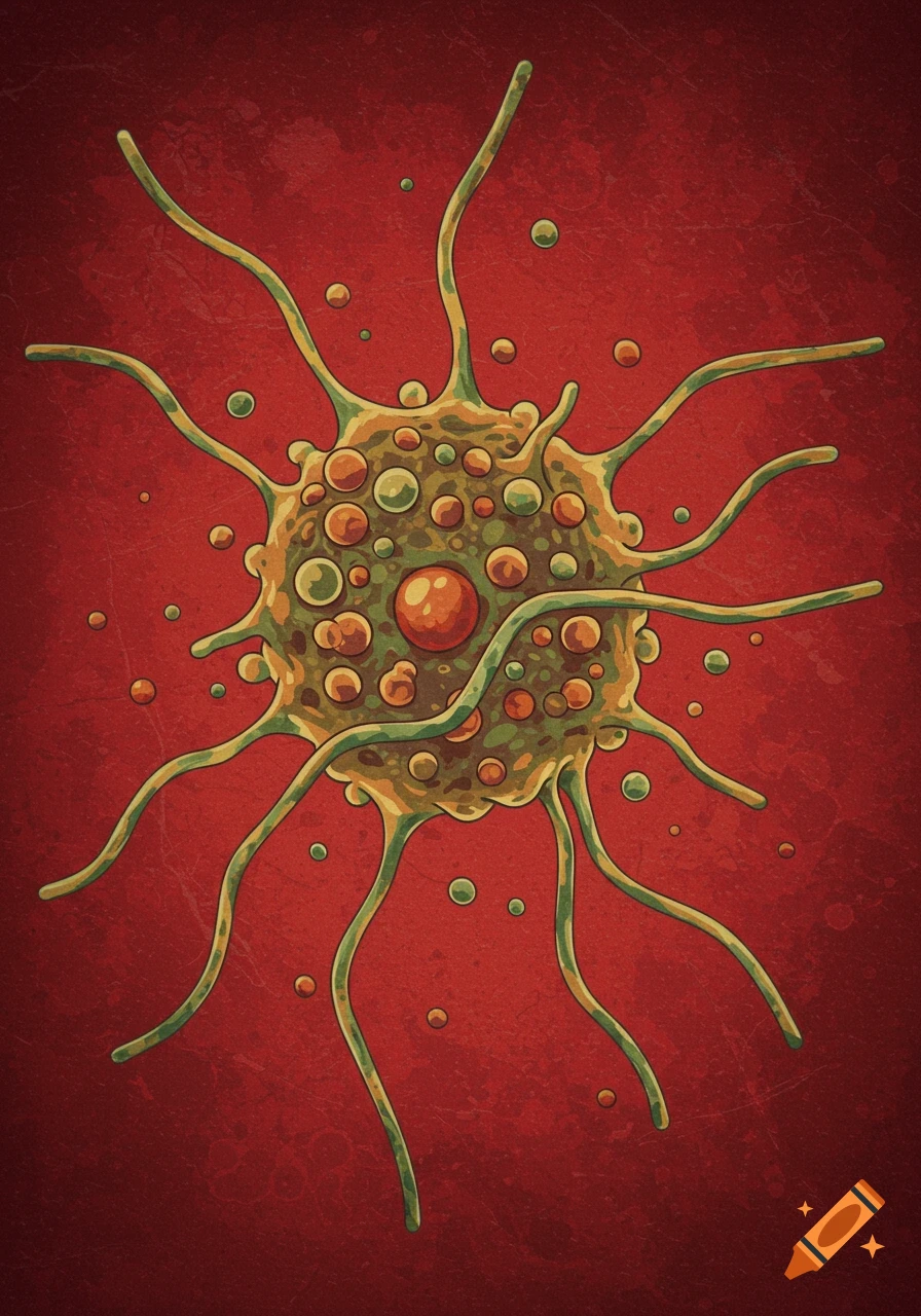 Stylized illustration of a macrophage cell on a red background with tendrils and bubbles.