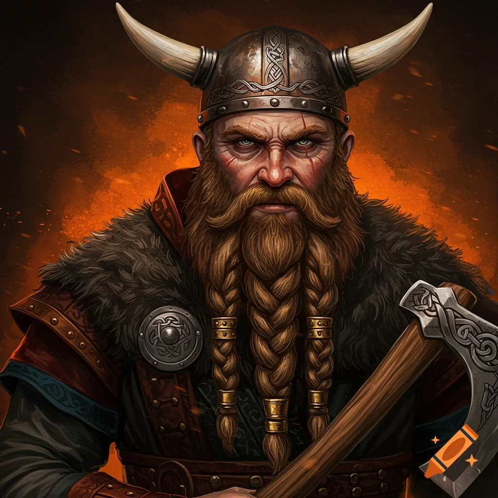 Portrait of a fierce bearded Viking in a horned helmet holding an axe