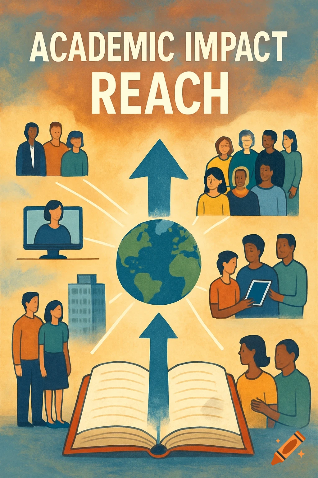 Illustration with text 'Academic Impact Reach', showing diverse people, a globe, book, computer, and buildings.