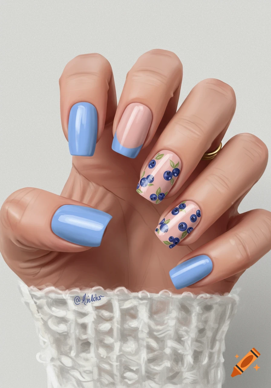 A hand with blue, French tip, and blueberry patterned nail art, wearing a white sweater.