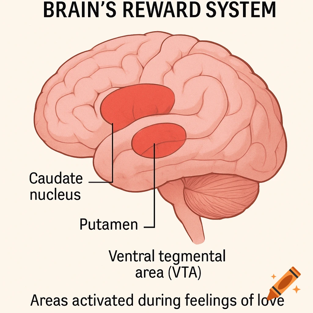 Illustration of a brain diagram showing the reward system areas with labels.