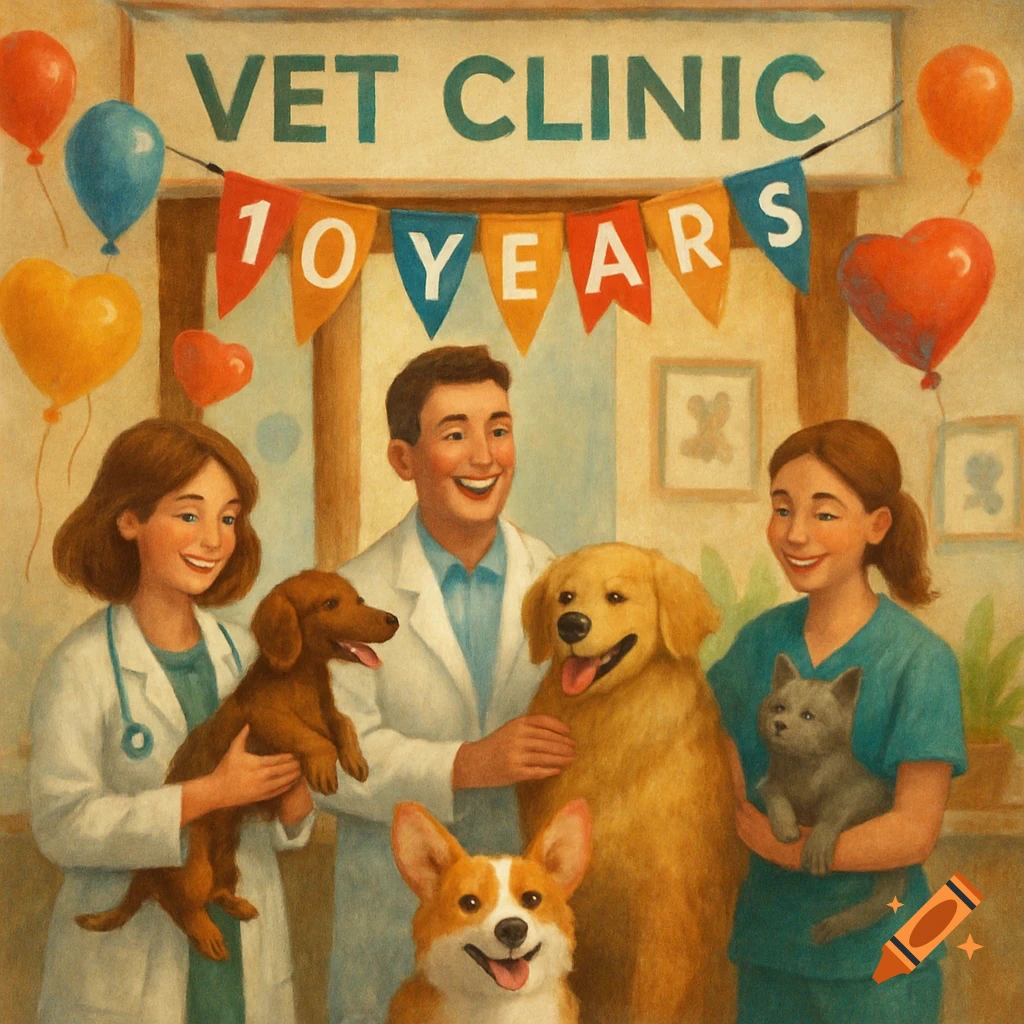 Stylized illustration of vets and animals celebrating 10 years at a vet clinic with balloons and a banner.