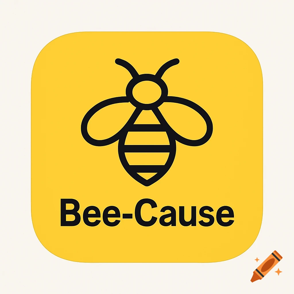 Minimalist app icon with a black outline bee on a yellow background above the text Bee-Cause.