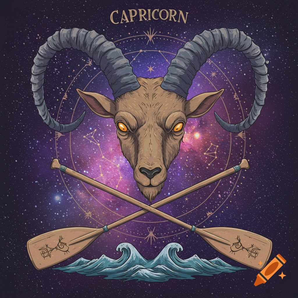 Illustration of a Capricorn goat head with horns over crossed paddles, waves, and a starry cosmic background.
