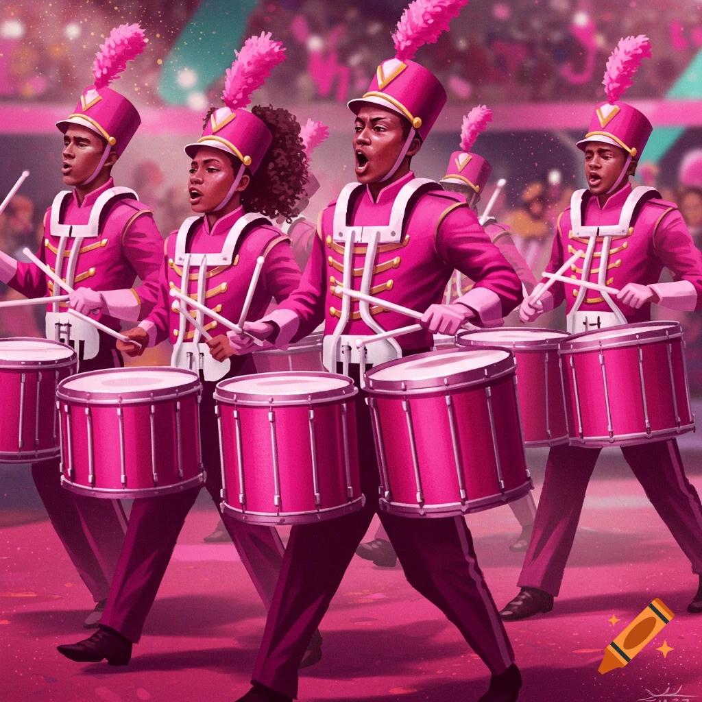 A drumline marches forward, members wearing bright pink uniforms and hats with feathers, playing large bass drums.