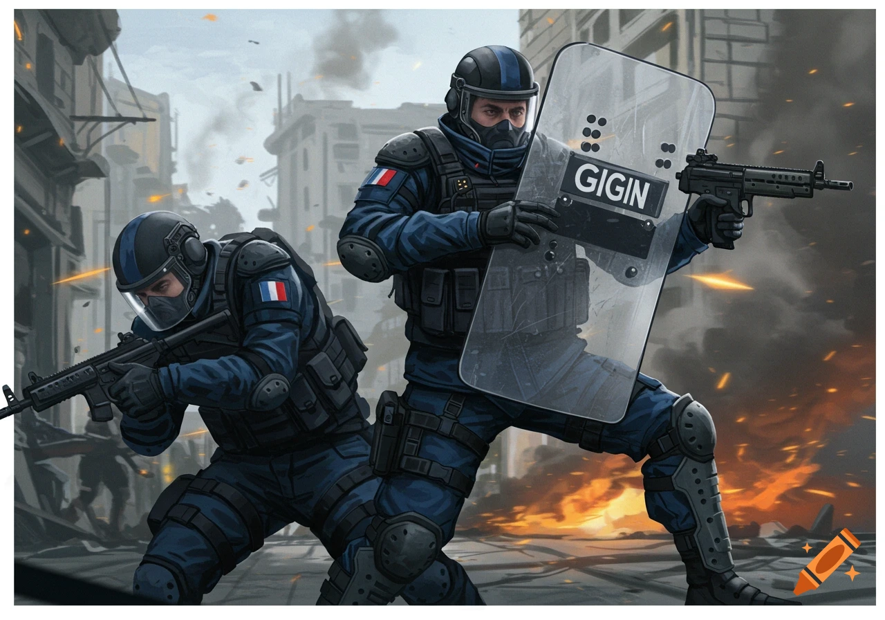 Two tactical operators in riot gear, one with a shield marked "GIGIN", holding rifles in a ruined urban environment.