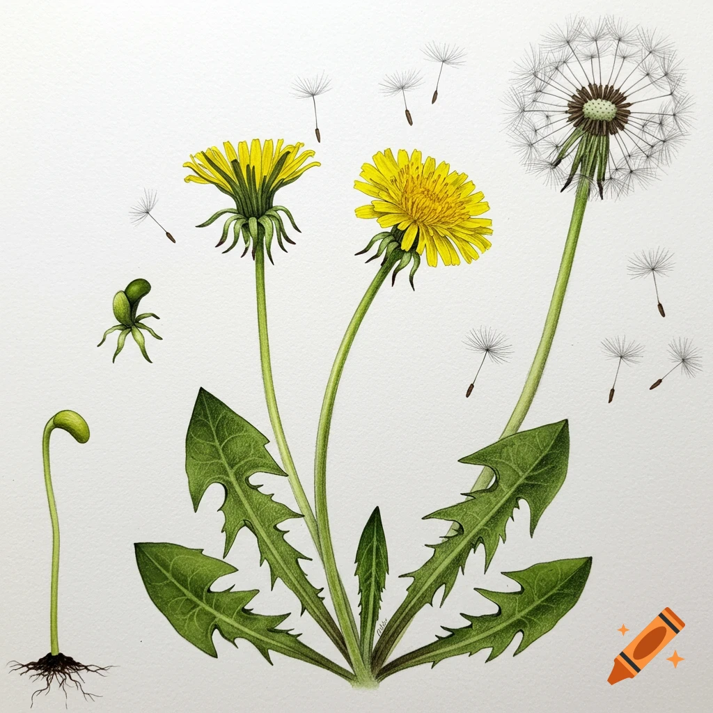 Botanical illustration of a dandelion life cycle