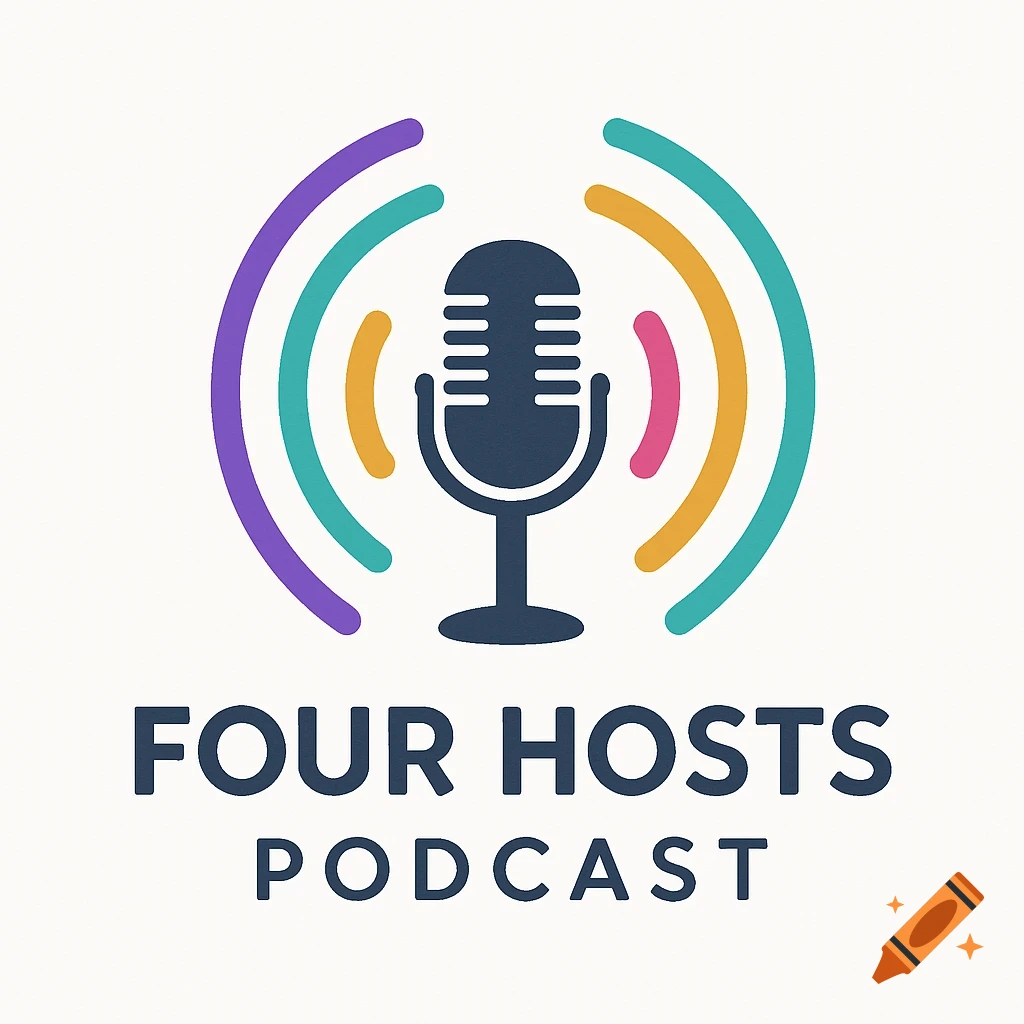 A logo featuring a microphone with purple, teal, gold, and pink sound waves radiating around it, above the text 'FOUR HOSTS PODCAST'.