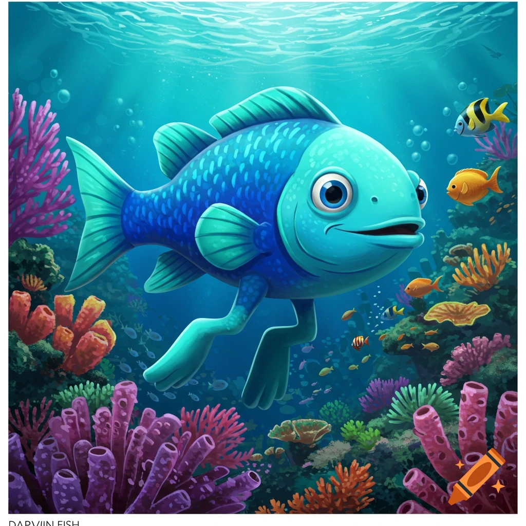 Cartoon blue fish with legs swims in a colorful coral reef.